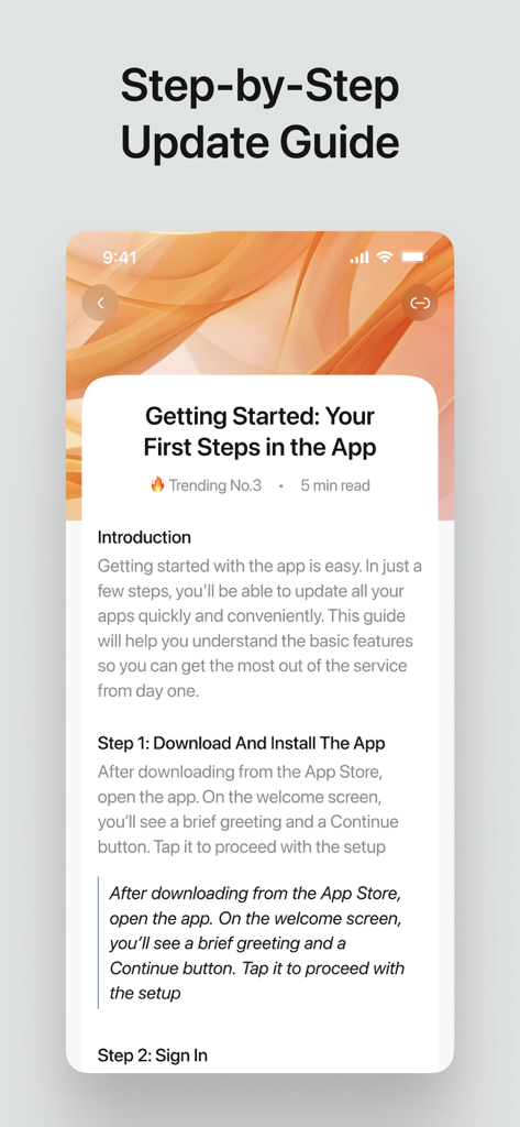 A step-by-step instructional guide within the app showing clear text for getting started with updates