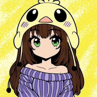 anime girl with chick shaped hat with sweater with bare shoulders with bangs covering them one eye with low tail