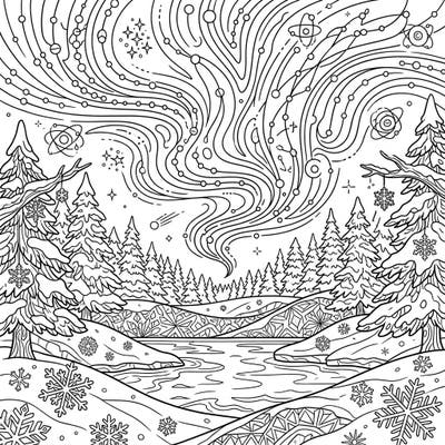 Dive into a breathtaking Winter Wonderland scene, complete with a spectacular aurora borealis formed by intricate electron patterns. This detailed adult coloring page offers a soothing escape, perfect for creative relaxation and mindfulness.
