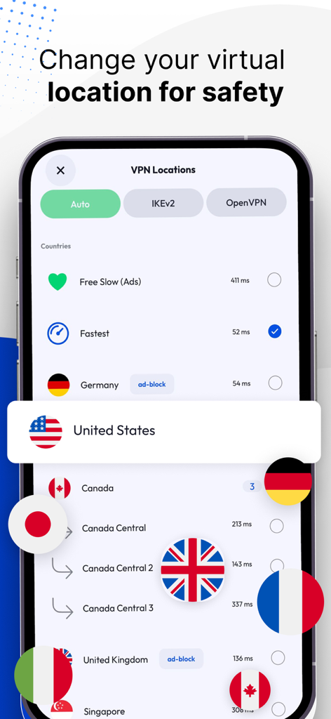 VPN 111 app screen showing a list of global server locations with connection speeds and country flags