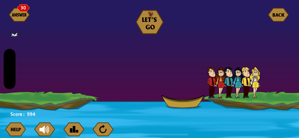 River Crossing IQ - IQ Test - A logic puzzle screen showing three couples standing by a river bank next to a boat.