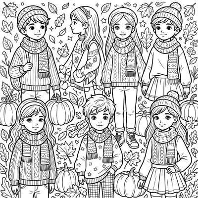 Celebrate the beauty of fall with this delightful coloring page showcasing children in their best autumn fashion. From warm sweaters to playful scarves, immerse yourself in a scene filled with pumpkins and falling leaves, ready for your creative touch.