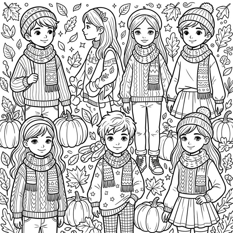 Celebrate the beauty of fall with this delightful coloring page showcasing children in their best autumn fashion. From warm sweaters to playful scarves, immerse yourself in a scene filled with pumpkins and falling leaves, ready for your creative touch.