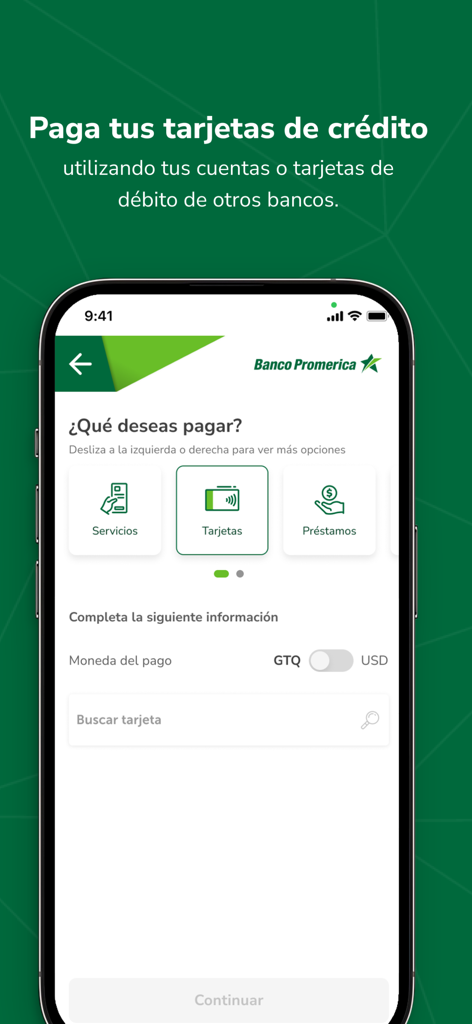 Banco Promerica Guatemala - Pantalla de la aplicación móvil de Banco Promerica Guatemala para pagar tarjetas de crédito usando cuentas bancarias de otros bancos