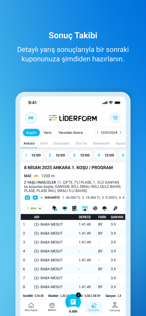 Liderform mobile app showing Turkish horse racing results and race schedules