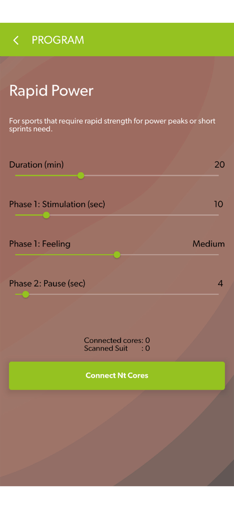 ntX Origin - Settings screen for the Rapid Power EMS training program in the ntX Origin app showing workout duration and pulse intensity sliders.
