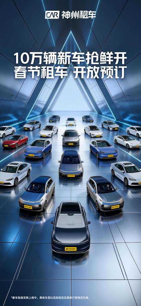 A diverse fleet of modern vehicles available for booking on the 神州租车 CAR Inc mobile application.