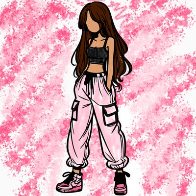 girl in baggy pants crop top and long hair