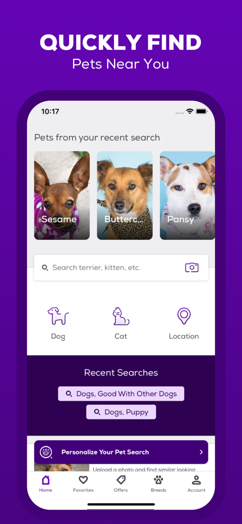 Petfinder - Adopt a Pet - Home screen of the Petfinder app featuring adoptable dogs and localized search options
