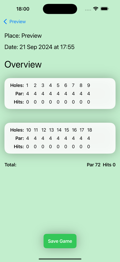 Ein einfacher Überblick über die Golf-Scorekarte in der Easy Stroke Counter App, der 18 Löcher und Par-Werte anzeigt