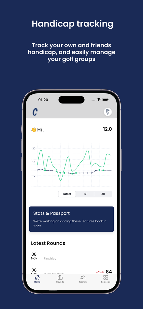 Clubhouse - Golf Stats GPS - Lo schermo dell'app Clubhouse per il tracciamento dell'handicap del golf e la gestione delle società di golf.