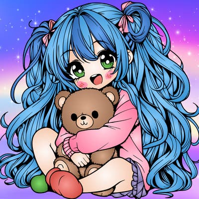 manga girl, long curly hair, happy, cuddling a teddy bear