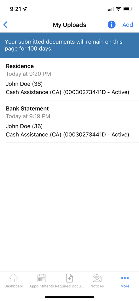 NYC ACCESS HRA mobile app interface showing a list of submitted documents including residence and bank statements for a benefits case