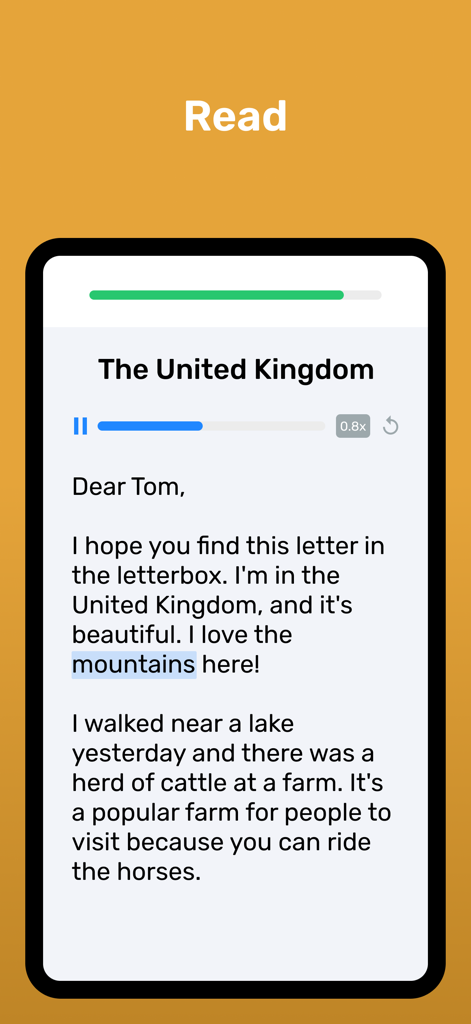 Reading comprehension exercise in the Wlingua English learning app