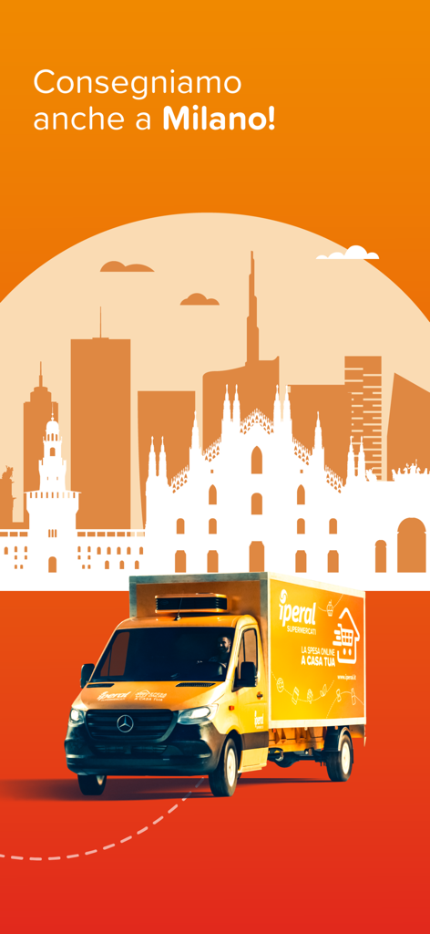 Iperal grocery delivery truck with Milan city skyline background