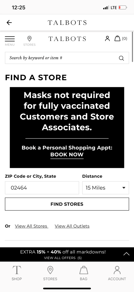 Store locator screen in the Talbots app featuring a zip code search and personal shopping appointment booking
