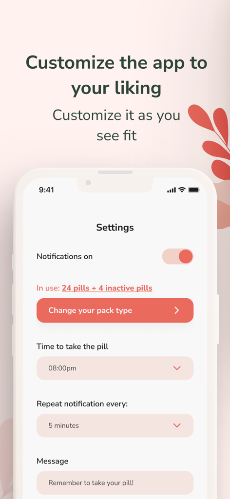 Pill Time : Birth Control - Tela de configurações do aplicativo Pill Time mostrando opções de notificação personalizáveis para lembretes de anticoncepcionais.