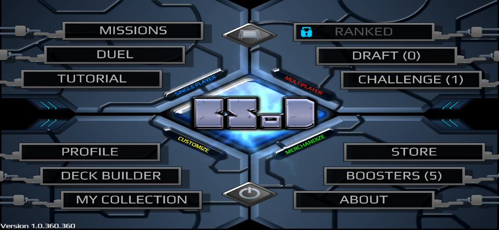 BSoD CCG - The main menu interface of the BSoD CCG game showing options for missions, duels, deck builder, and multiplayer modes.