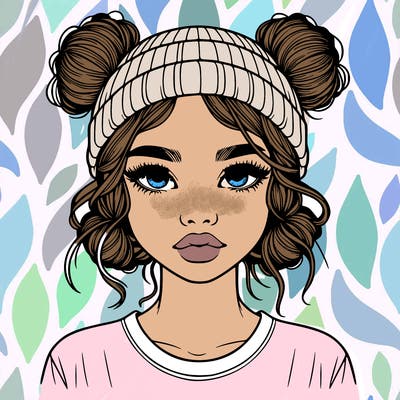 realistic girl with buns in her hair with a beanie on