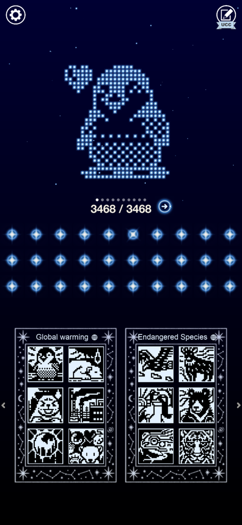 Nonogram galaxy 2 - Thema - Interfaccia di Nonogram Galaxy 2 che mostra un puzzle di pinguino completato e livelli a tema animale.