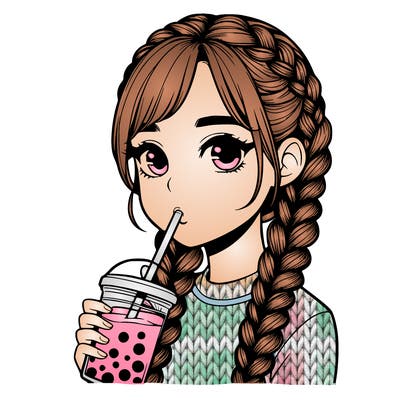 realistic girl with braided hair drinking boba