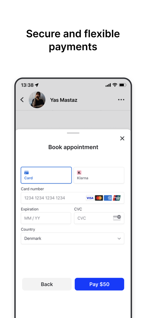 Mobile interface of the Tattoodo app showing secure payment and flexible financing options for booking a tattoo appointment.
