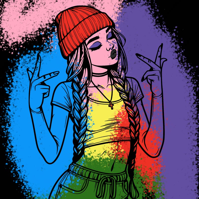 realistic teenage girl with braids and a beanie and crop top doing 🫶🏼
