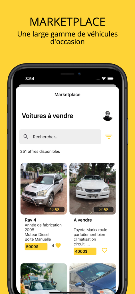 중고차 판매 목록이 포함된 Motuka 앱 마켓플레이스의 모바일 스크린샷