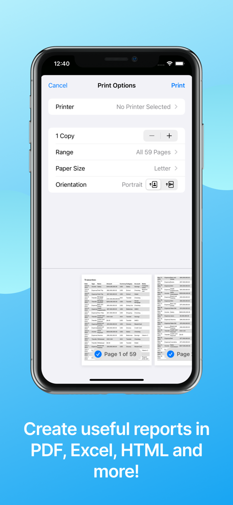 Bluecoins Finance & Budget - Bluecoins app interface showing print and export options for financial reports in PDF and Excel formats.