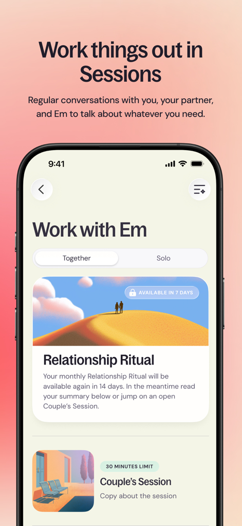 Ember: AI Relationship Coach - Ember app interface showing options for AI-guided relationship sessions and monthly rituals for couples.