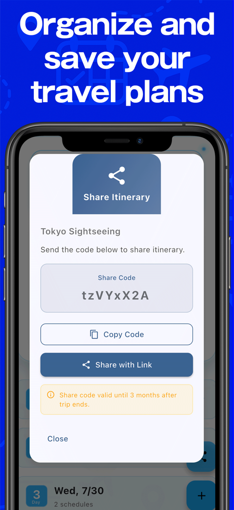 Trip Planner · Share Itinerary - Mobile app screen showing an 8-character sharing code to collaborate on travel plans