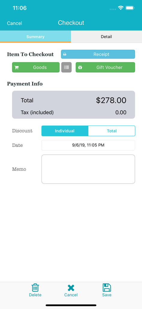 TapPOSモバイルアプリケーションのチェックアウト概要画面。支払い情報と合計金額が表示されています。