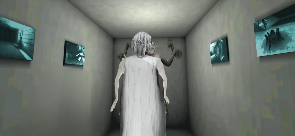 Scary Evil Granny Survival - A creepy white figure stands in a dimly lit room in Scary Evil Granny Survival