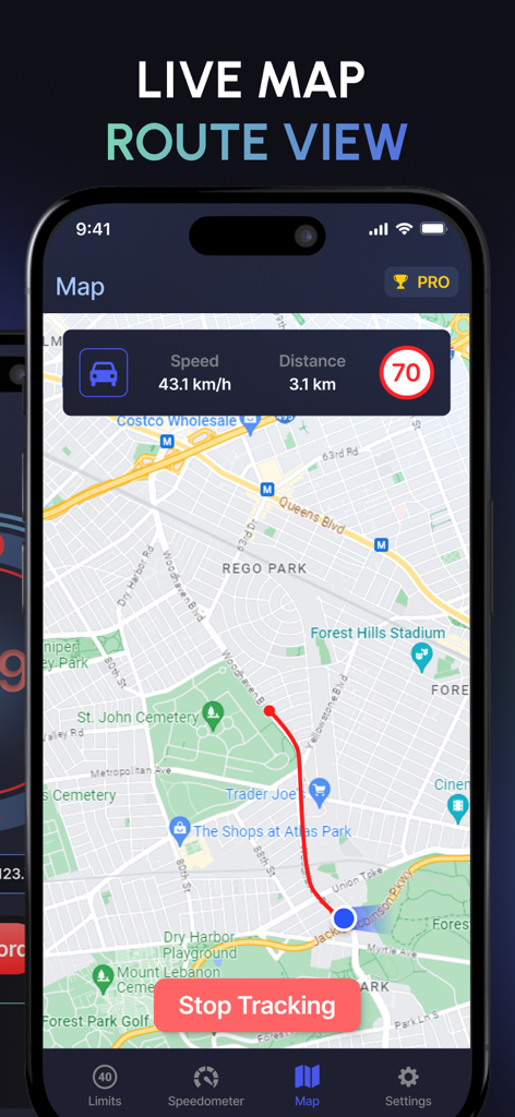 Live map route view on HUD Speed Display app interface