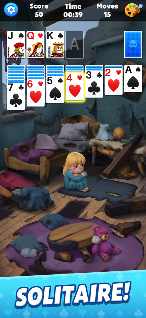 Solitaire Story - Classic solitaire card game interface above a narrative rescue scene with a sad girl in a damaged room