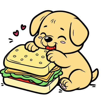 puppy trying to eat a large sandwich