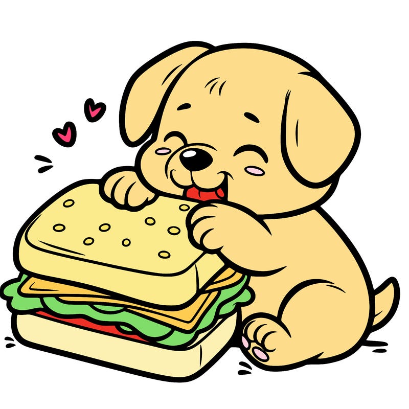 puppy trying to eat a large sandwich