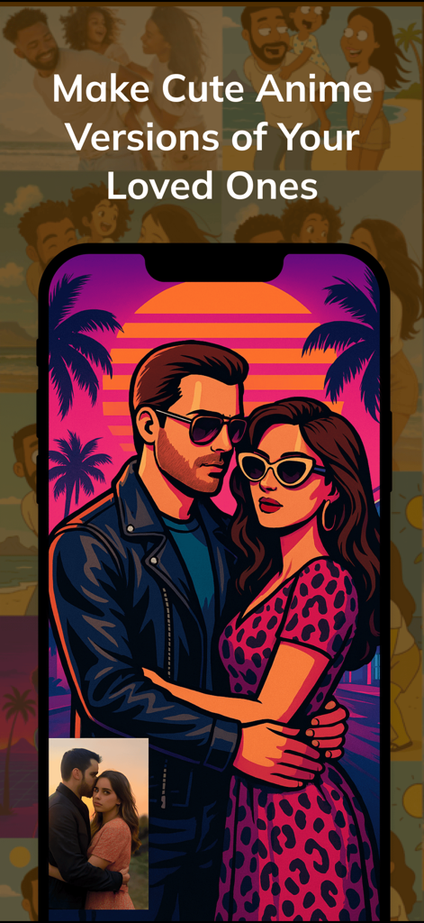 Banana Studio: AI Photo Editor - Ein Paar, das mithilfe des Banana Studio KI-Fotobearbeitungsprogramms in einen lebendigen Anime-Kunststil verwandelt wurde.