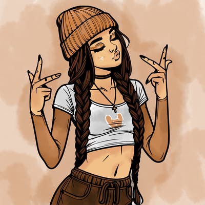 realistic teenage girl with braids and a beanie and crop top doing 🫶🏼