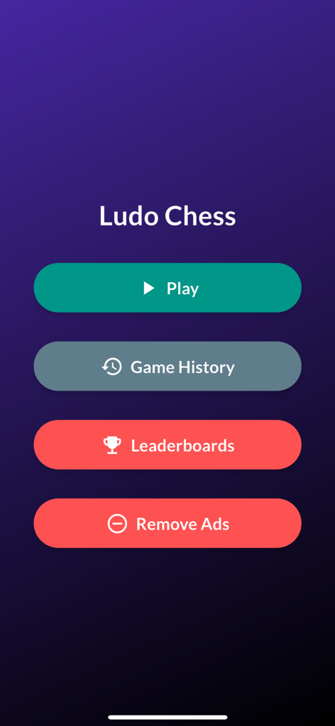Ludo Chess: Roll the Dice - Main menu screen of the Ludo Chess mobile app showing options for Play Game History Leaderboards and Remove Ads