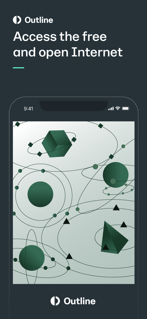 Interface de l'application Outline affichant le texte Accédez à Internet libre et ouvert avec des formes géométriques abstraites