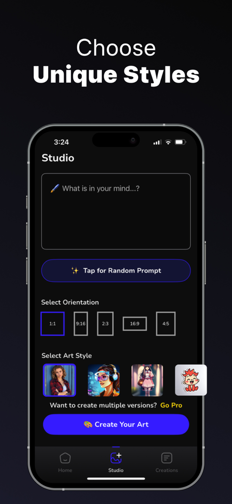 Flowline - AI Photo Generator - Oberfläche der Flowline KI-Fotogenerator-App mit Optionen zur Auswahl von Kunststilen und Bildorientierungen