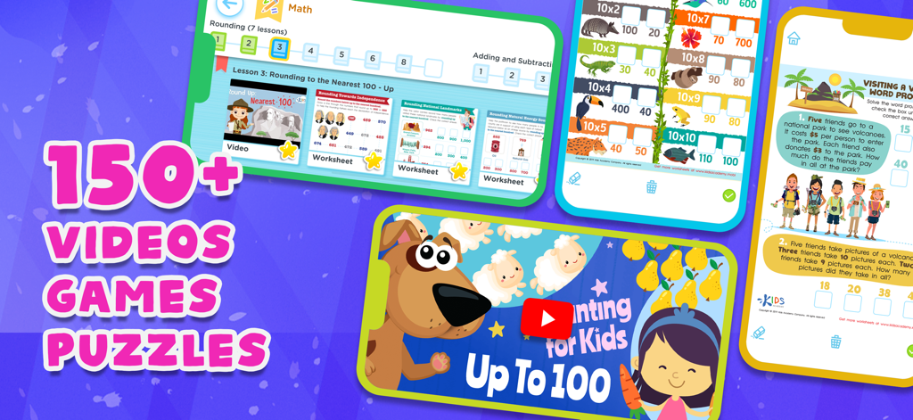 Math Games for Kids: Grade 3 - Educational interface for Math Games for Kids Grade 3 showing various learning activities and videos