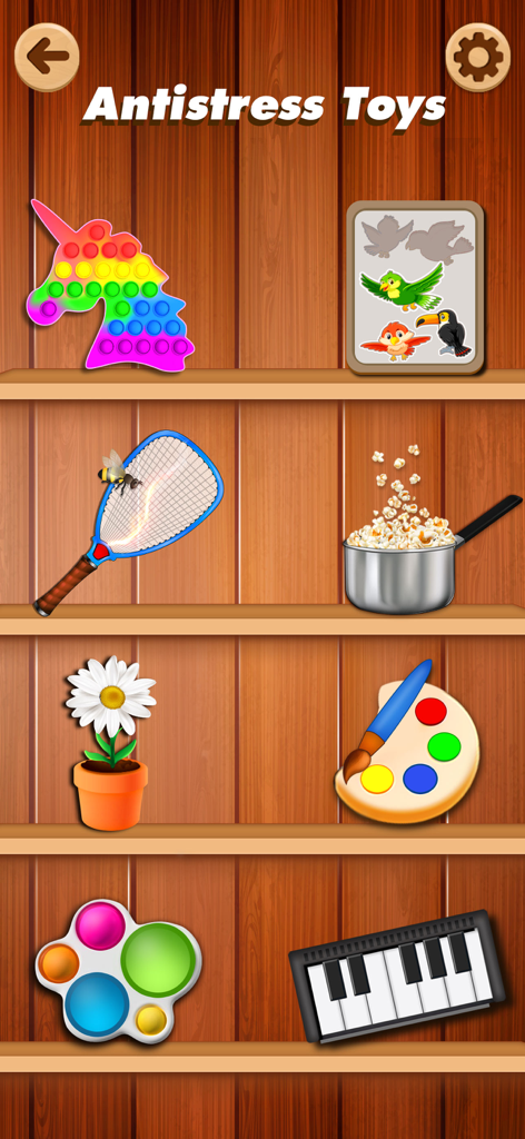 Tidy Fidget ASMR: Antistress - Una variedad de coloridos juguetes antiestrés en un estante de madera