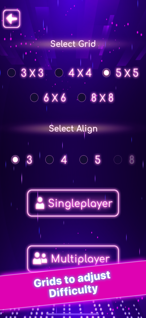 Tic Tac Toe: 2 Player - Tic Tac Toe settings menu showing neon grid size options and player mode selection