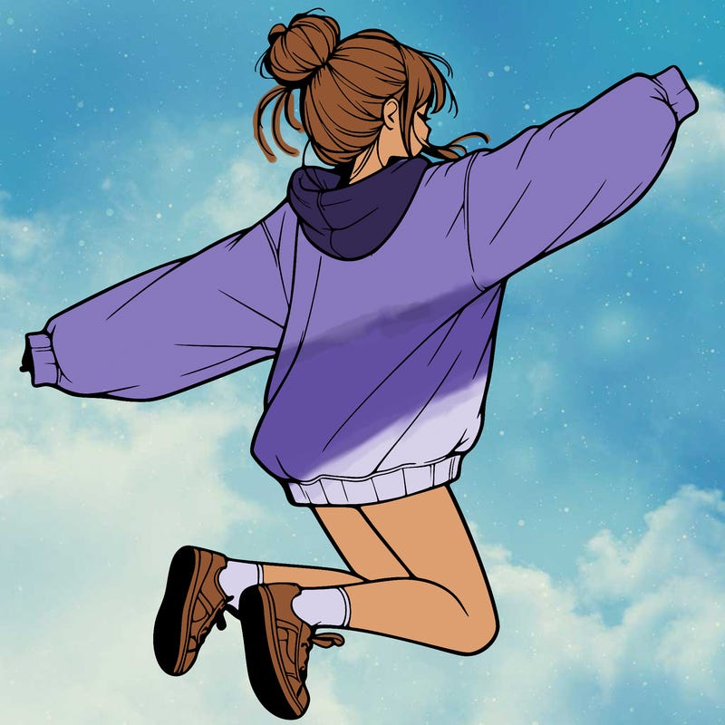 realistic girl jumping with a bun and oversized sweatshirt