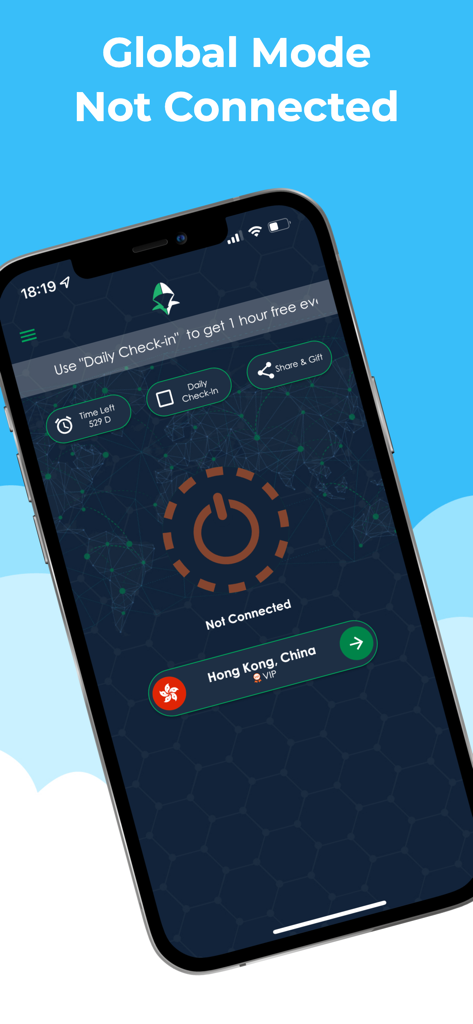 AHAspeed VPN - Fast & Secure - AHAspeed VPN app main screen on an iPhone showing the connection button and server selection for Hong Kong.