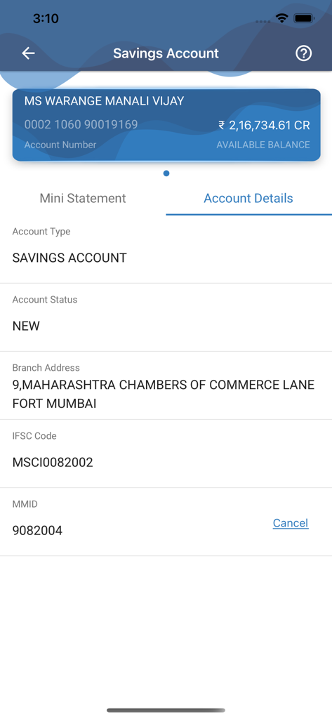 MSC Bank - Una captura de pantalla de la aplicación móvil MSC Bank que muestra los detalles de la cuenta de ahorros, incluido el saldo disponible y la dirección de la sucursal.