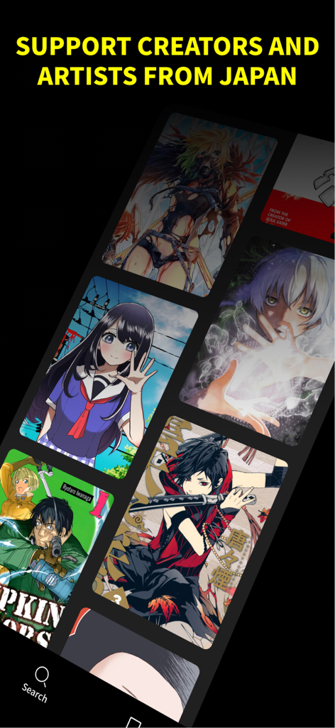 Mangamo Manga Reader & Comics - Mangamo-App-Oberfläche, die verschiedene Manga-Titel und eine Nachricht zur Unterstützung japanischer Künstler zeigt