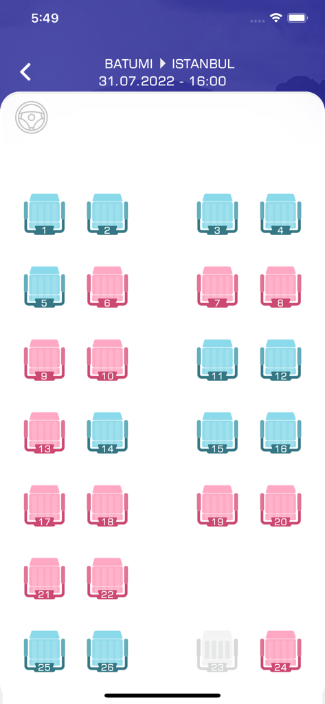 Metro Georgia - Bus seat map selection screen in the Metro Georgia app for a route from Batumi to Istanbul